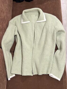 mint green zip up collared cardigan